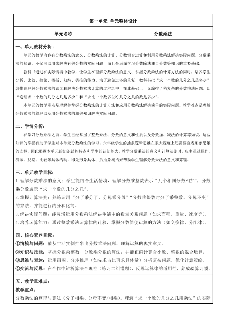 2025年秋期人教版六年级上册数学全册核心素养教案（教学反思无内容版）-五车芝士