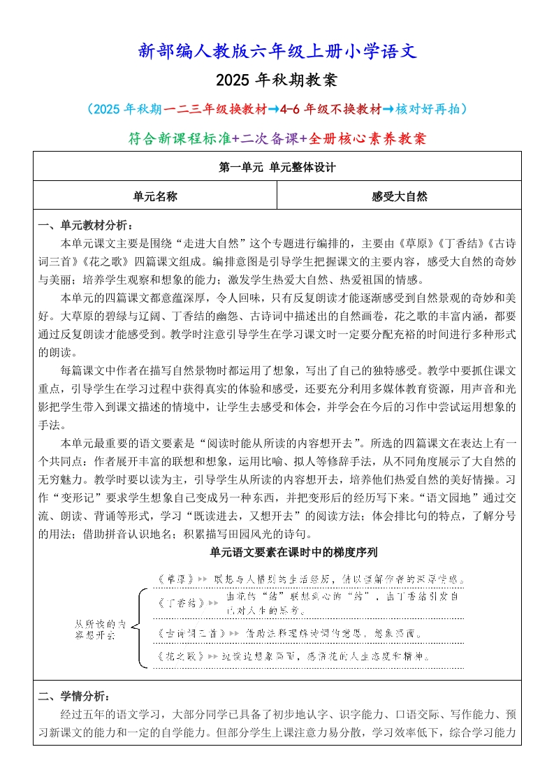 2025年秋期部编人教版6年级上册语文全册核心素养教案（教学反思有内容＋二次备课版）-五车芝士