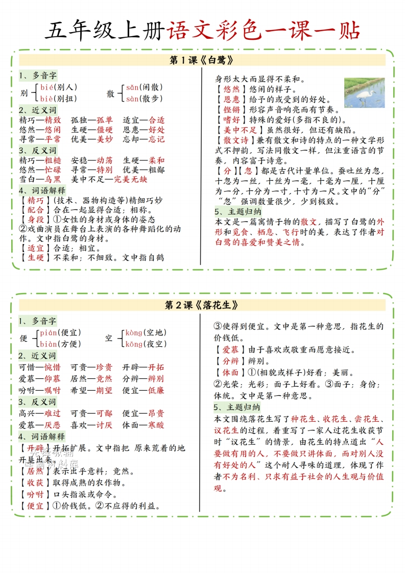 25新版五年级（上）语文彩色一课一贴-五车芝士