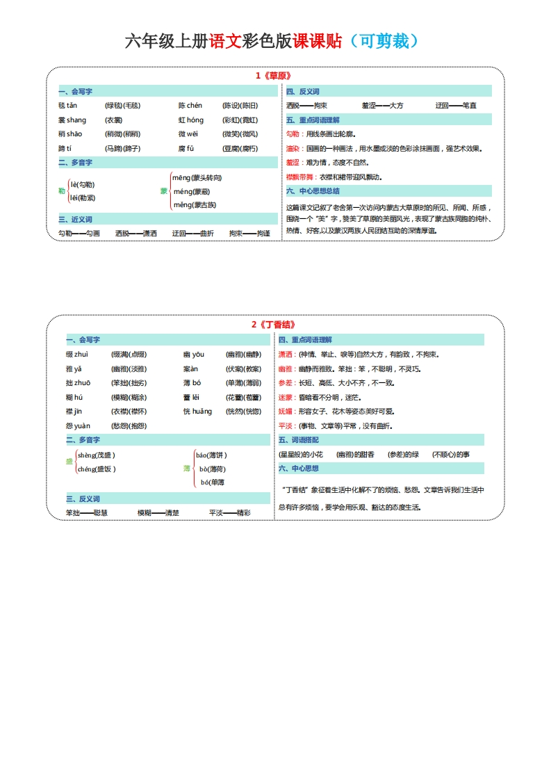 25新版六年级（上）语文彩色一课一贴-五车芝士