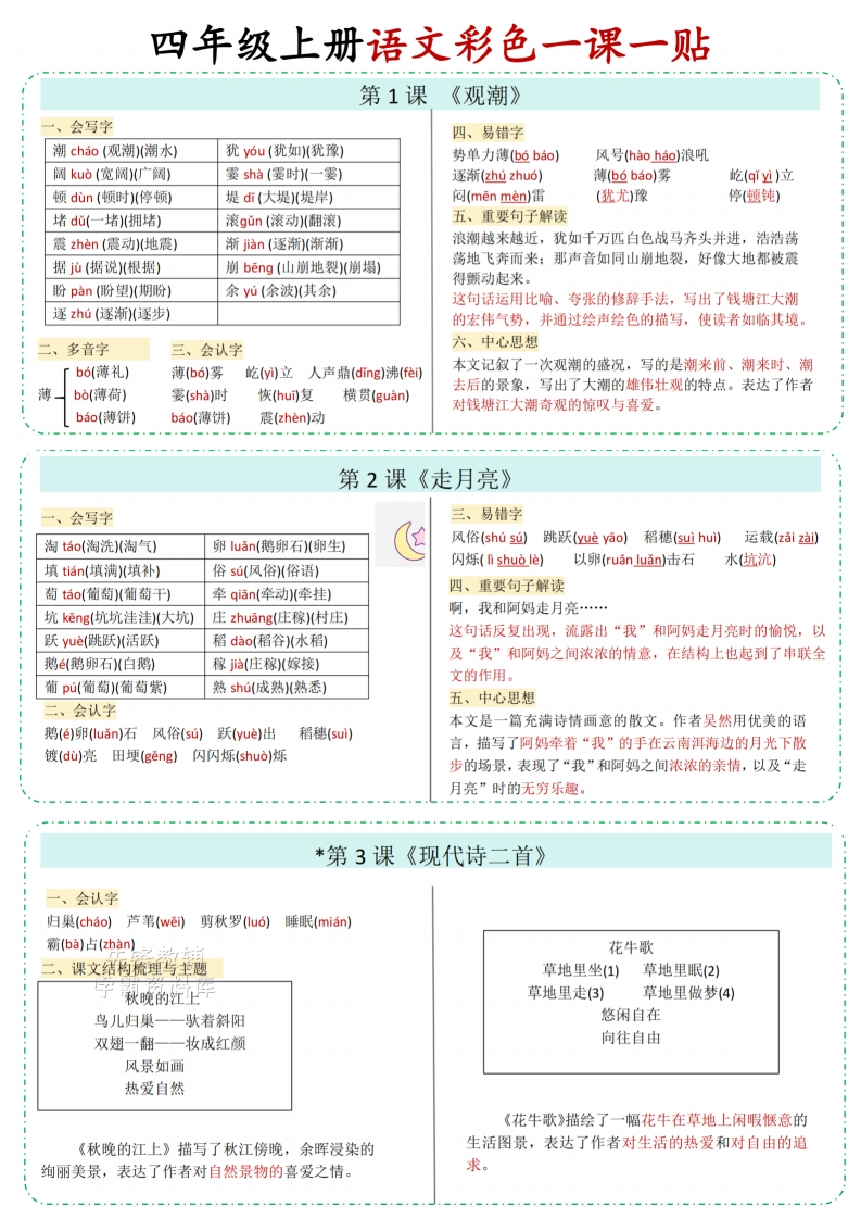 25新版四年级（上）语文彩色一课一贴-五车芝士