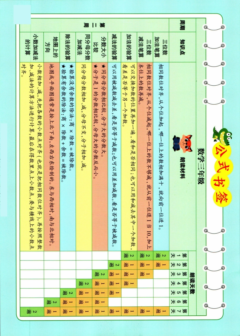 337晨读三年级数学公式书签-五车芝士