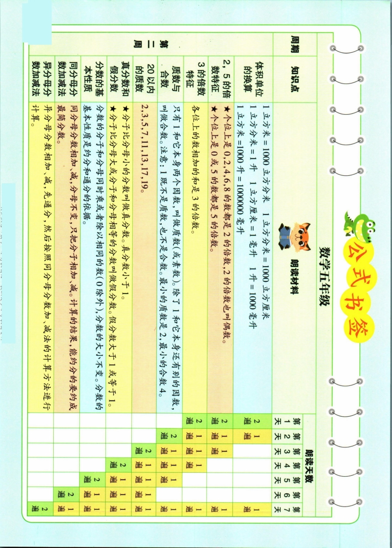 337晨读五年级数学公式书签-五车芝士