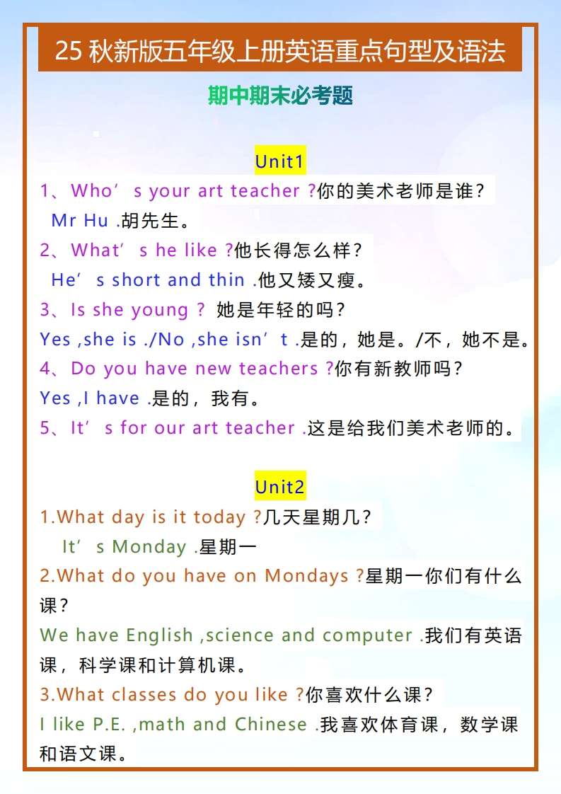 【2025秋新版】五年级上册英语重点句型及语法-五车芝士