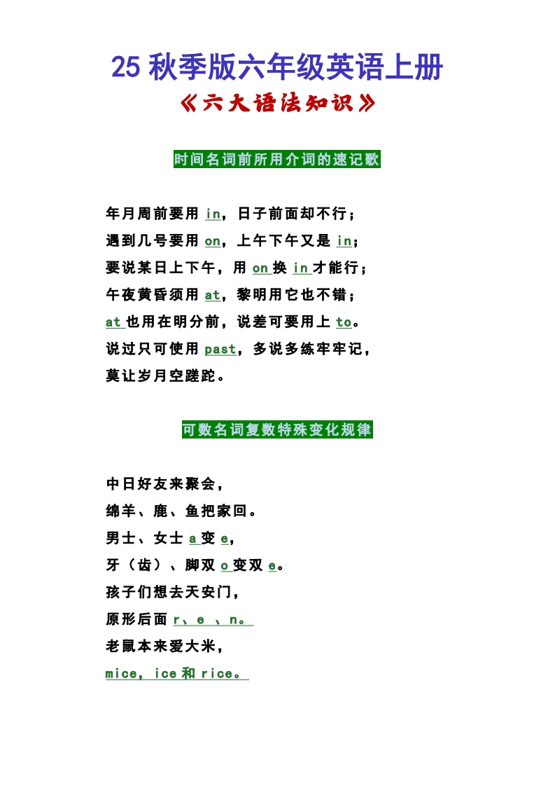 【2025秋新版】六年级英语上册《六大语法知》-五车芝士