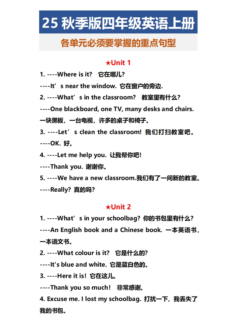 【2025秋新版】四年级英语上册各单元必须要掌握的重点句型-五车芝士