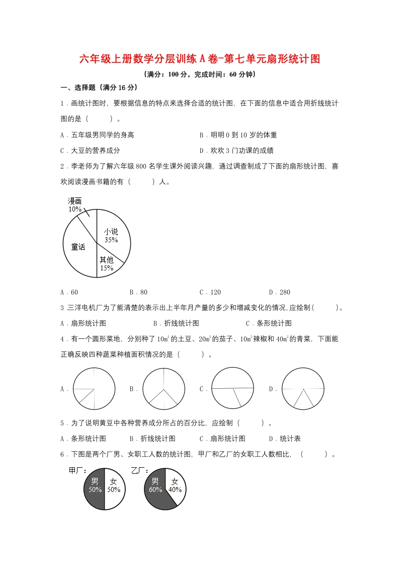 【单元AB卷】六年级上册数学分层训练A卷-第七单元扇形统计图（单元测试）（人教版，含答案）-五车芝士
