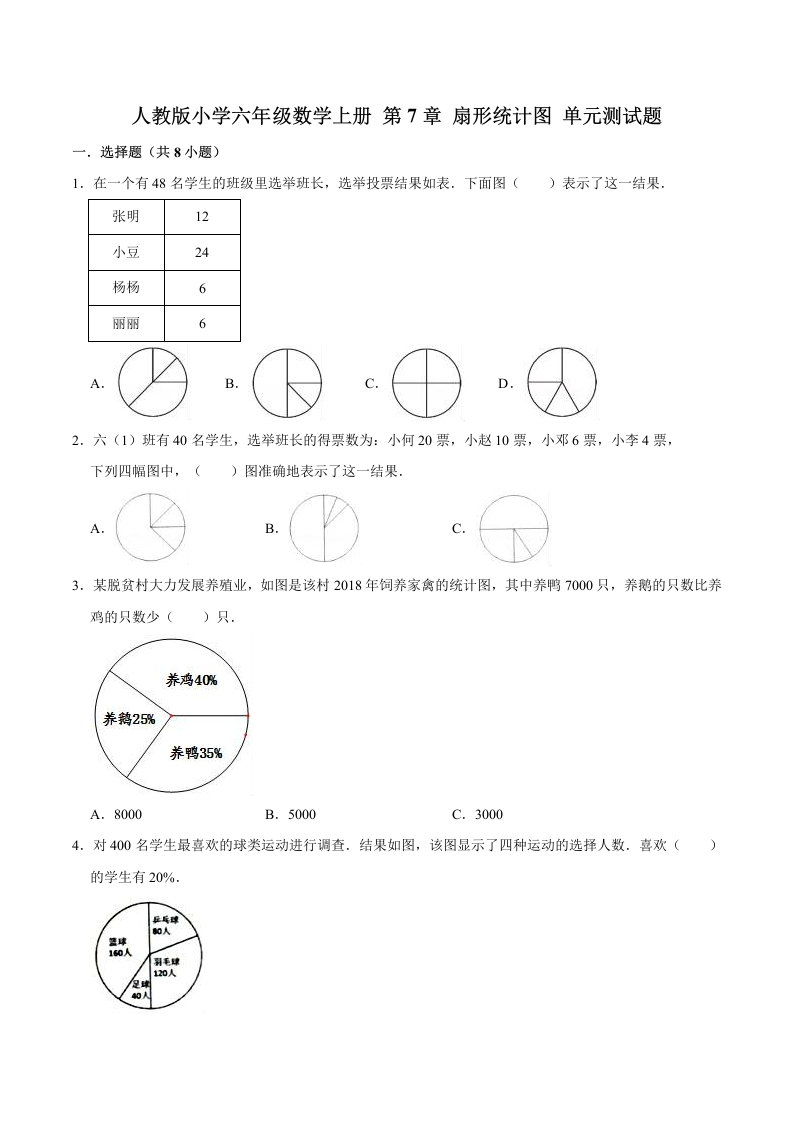 【精】第7章扇形统计图-人教版小学六年级数学上册单元测试题（解析版）-五车芝士
