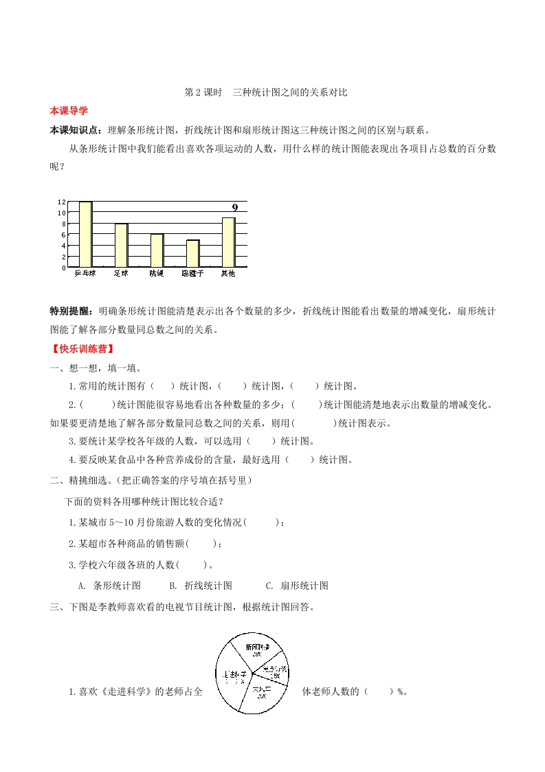 【课时练】第7单元扇形统计图2三种统计图之间的关系对比-六年级上册数学一课一练（人教版，含答案）-五车芝士