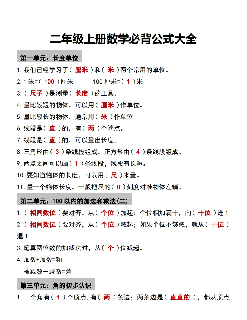 二年级上册数学必背公式大全-五车芝士