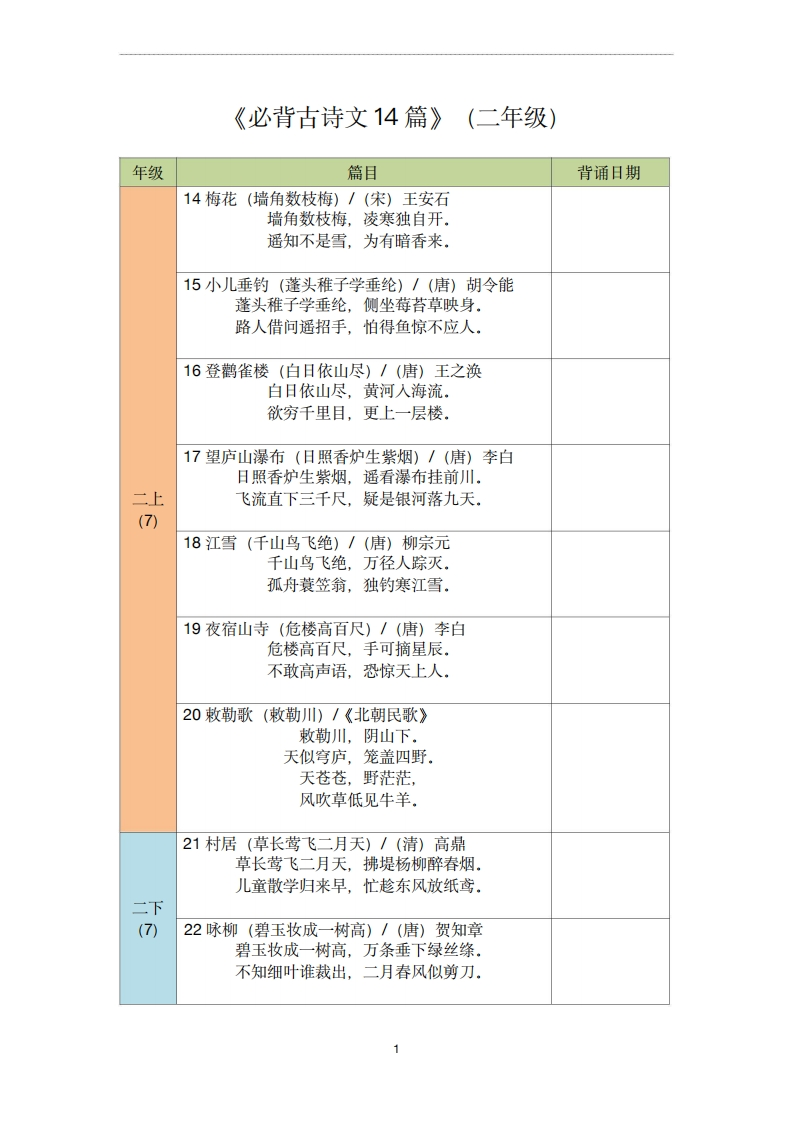 二年级古诗文背诵记录表-五车芝士