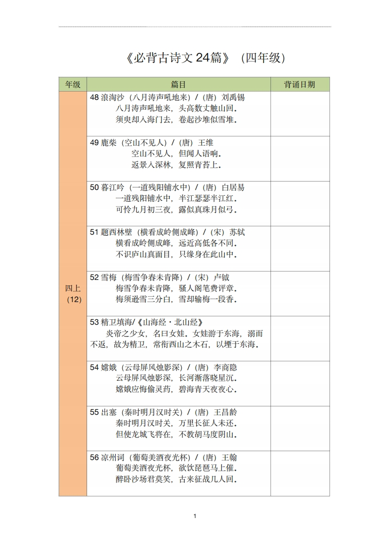 四年级古诗文背诵记录表-五车芝士