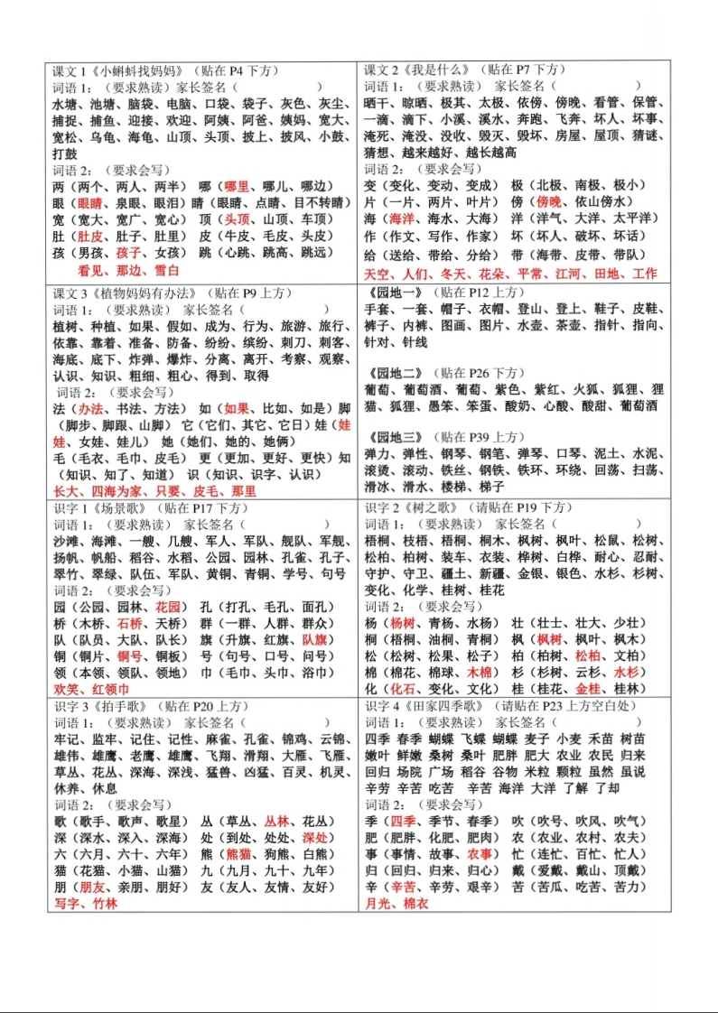 课课贴-二上语文每课重点贴【每课生字组词认读】剪下贴在每课空白处-五车芝士